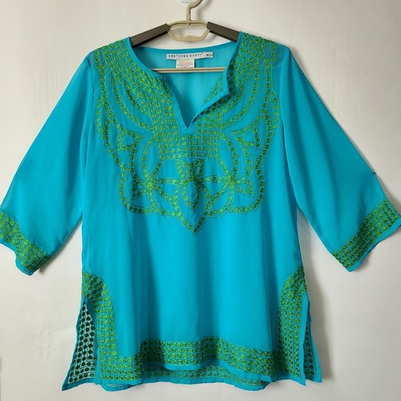 Gretchen Scott Designs Tops - Gretchen Scott V Neck Embroidered Chiffon Tunic Top Sz S Blue Green 3/4 Slv FLAW